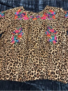 Leopard Print Embroidered Women’s Blouse - Multicolor Floral Accents